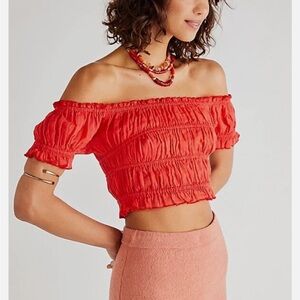 Free people One Cheri Top Smocked Cropped Red Off The Shoulder Blouse size M NWT